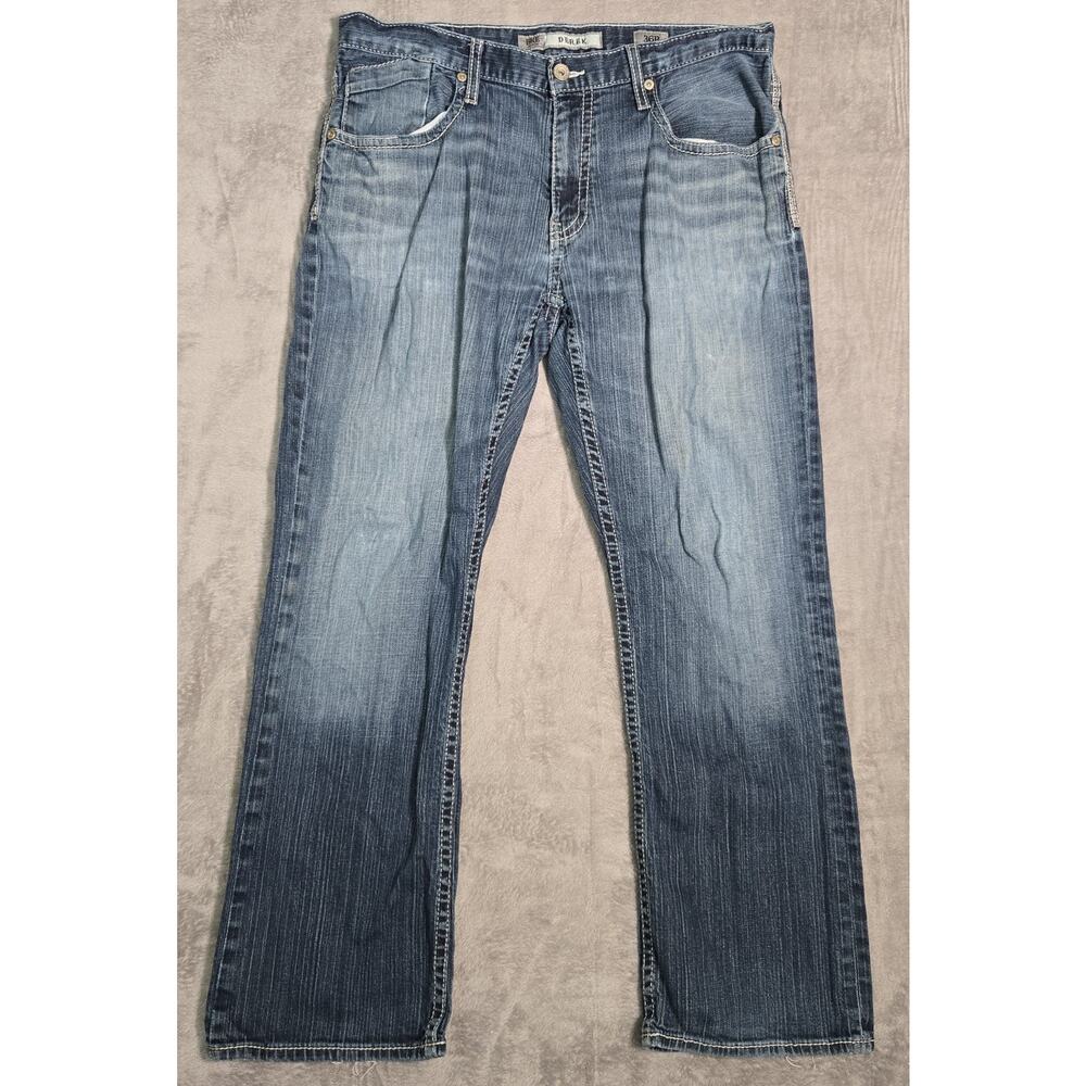 BKE Derek Boot Cut Jeans Mens 36R Medium Wash Stretch Denim Buckle
